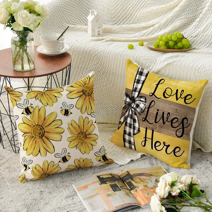 Kissenbezüge 45×45 cm 4er-Set Bee & Sonnenblume, Home Sweet Home, Frühling/Sommer Sofa-Deko – Bild 4