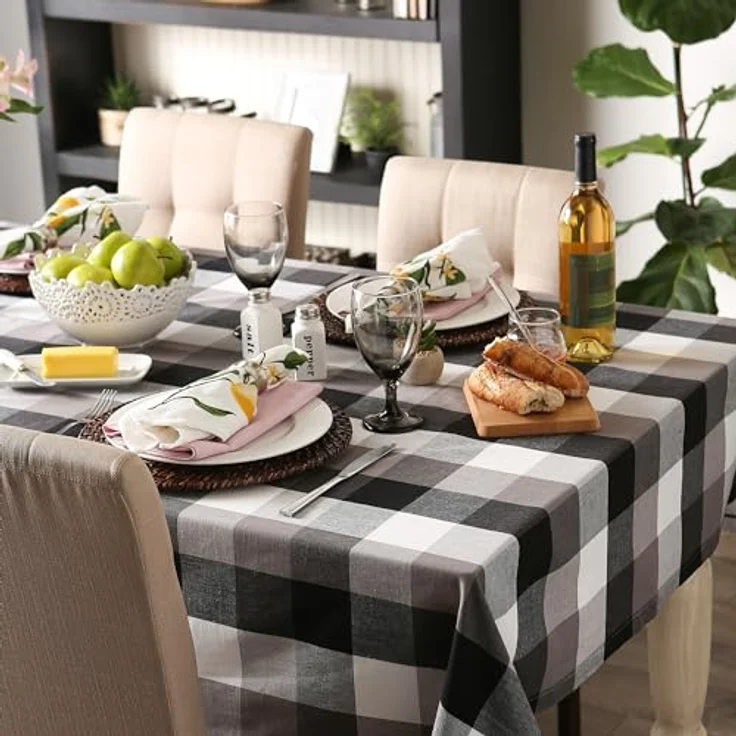 DII Tri-Color Check Collection Tischdecke, 100% Baumwolle, rund, 178 cm, Schwarz – Bild 5
