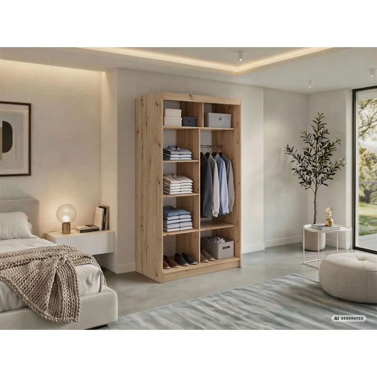 Schwebetürenschrank NAURU mit Lamellen-Optik, moderner Kleiderschrank, Breite 120 cm, inkl. Innenausstattung & Stauraum, Akustikpaneel-Design - Eiche Artisan und Schwarz – Bild 3