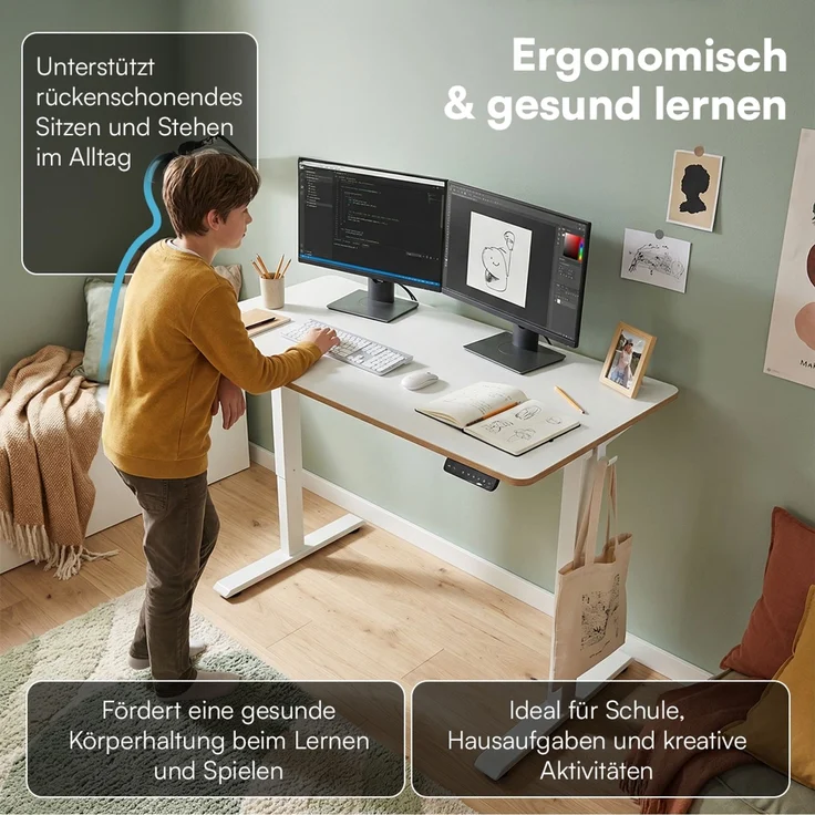 Bellabino 'Toro' Kinderschreibtisch 110x60 cm, elektrisch höhenverstellbar, weiß, Schreibtisch mit kindergesicherter Steuerung, LED-Höhenanzeige und 3 Speicherhöhen, Jugendschreibtisch mit Rucksackhaken, ab 6 Jahren – Bild 3