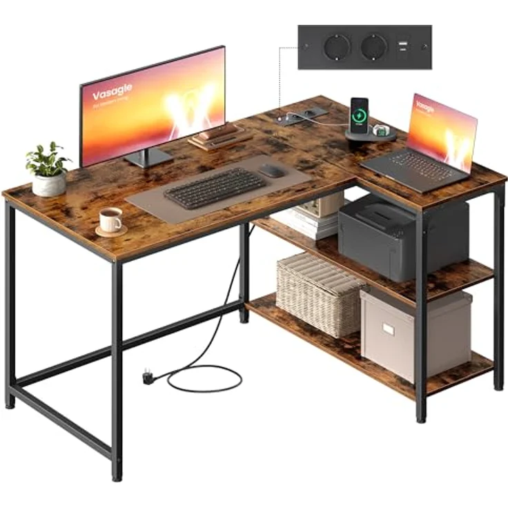 VASAGLE Gaming Schreibtisch in L-Form, Schreibtisch mit Stauraum, höhenverstellbare Regale, für Zuhause, mit Steckdosen und 2 USB-Anschlüssen, 110 x 80 cm, rustikales Braun LWD131KD01 – Bild 1