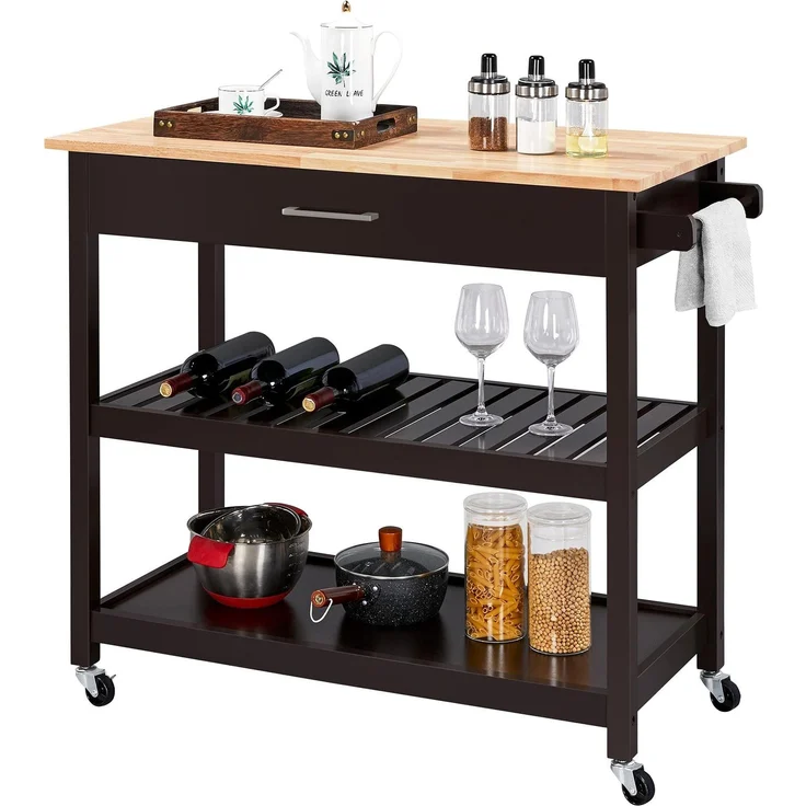 Yaheetech Servierwagen mit Schublade Küchenwagen mit 2 Ablagen Rollwagen Küchenrollwagen mit 4 Rollen Küchenregal Bewegliche Kücheninseln Beistelltisch 51 x 101,5 x 92 cm, braun