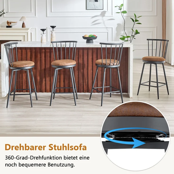 Moderner Metall-Barhocker im Windsor-Stil mit gepolstertem Sitz für Kücheninseln, Bars, Restaurants; Barhocker im Industrial-Stil in Barhöhe; Vintage- und Minimalismus-Stil--Braun1--39x39x96cm--YOUDENOVA – Bild 6
