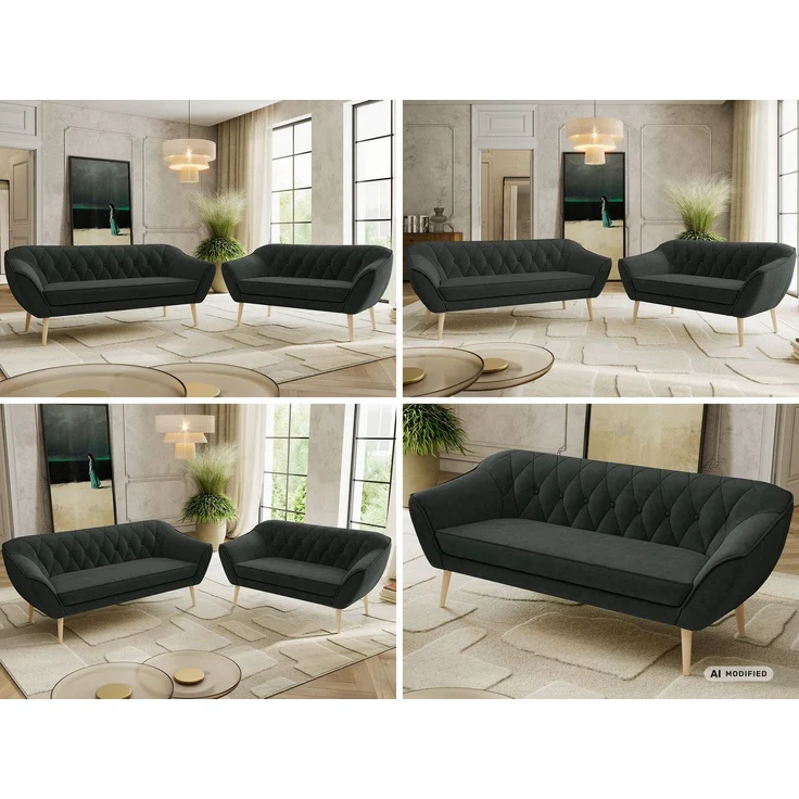 Skandinavisches Sofa Set PIRS 3-2, Komplettset, Wellenfederung, Buche Füße, Sitzgruppe, Polstermöbel Set - Dunkelgrau Stukture – Bild 2
