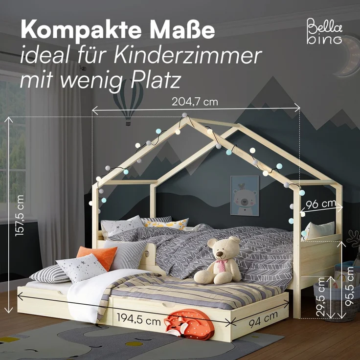 Bellabino 'Bela' Hausbett 90x200 cm mit Gästebett 90x190 cm, natur, Kiefer Massivholz, Montessori Kinderbett mit Ausziehbett, inkl. Rausfallschutz und Lattenrost – Bild 8