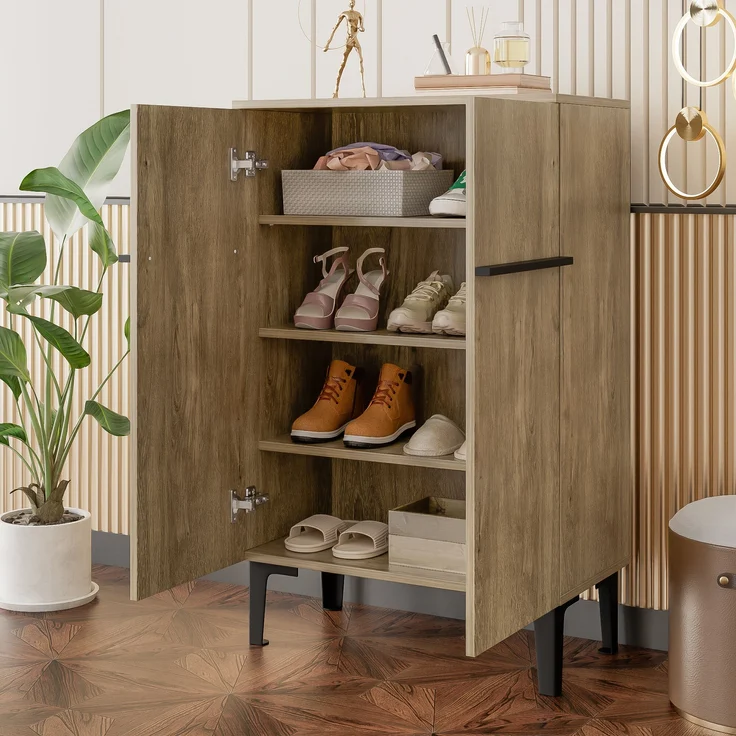 Schuhschrank, Holzoptik/Schwarz mit Doppeltüren & verstellbaren Einlegeböden, 60x34,5x95 cm – Bild 3
