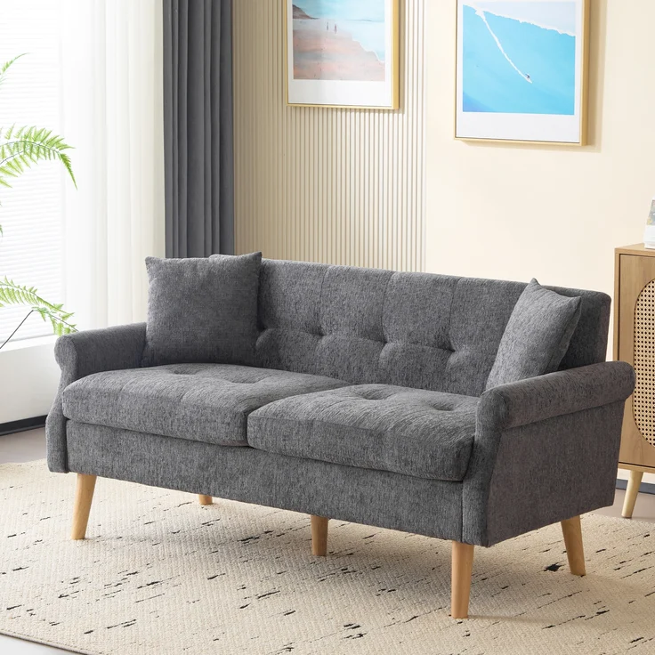 Kompakt Sofa mit 15 cm Sitzkissen & Massivholzfüßen, Chenille, 162x74x77 cm, Grau – Bild 3