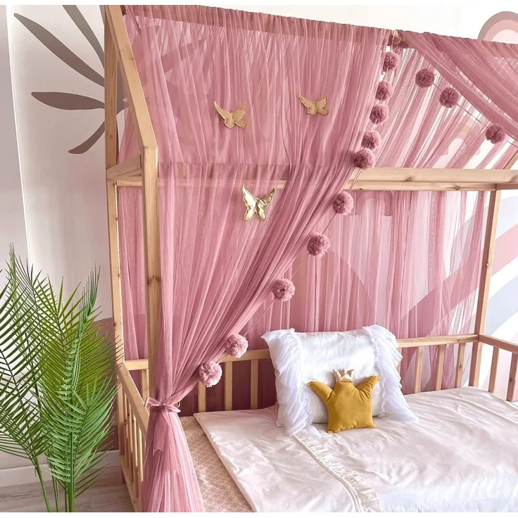 Baby Fancyroom Betthimmel Betthimmel Tüll Hausbett Kinderbett 2 Stück 340cm 380cm Montessori (3-tlg. Set mit 2x Betthimmel und einer 20er Pomponkette, Baldachin, Kinder Betthimmel Baldachin Himmel Deko Set), Betthimmel für Hausbett Montessori – Bild 4