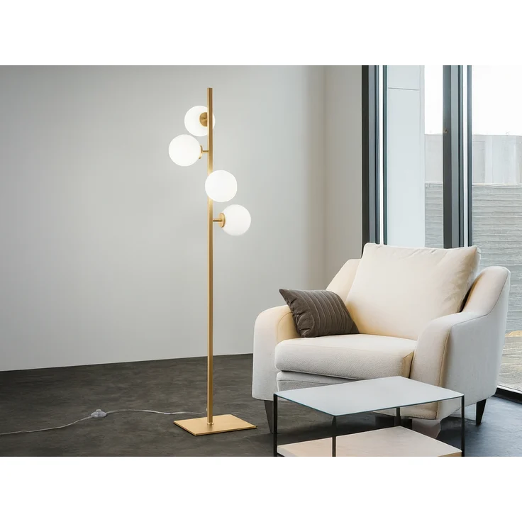 LED Stehlampe 4-flammig Gold mit Glaskugeln in Opalweiß, Höhe 150cm – Bild 1