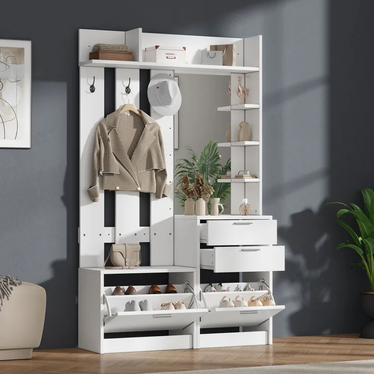 DESVIAE Garderobenschrank Weiß aus MDF – 110x185x34 cm – Spiegel, 2 Schuhschränke