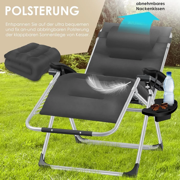 KESSER® Sonnenliege Liegestuhl, klappbare Gartenliege extra breit & Wetterfest, Belastbar 200kg, Ergonomisches Polster, verstellbare Rückenlehne inkl. Nackenkissen, Getränkehalter & Armpolster Anthrazit, Liege (Basic) – Bild 7