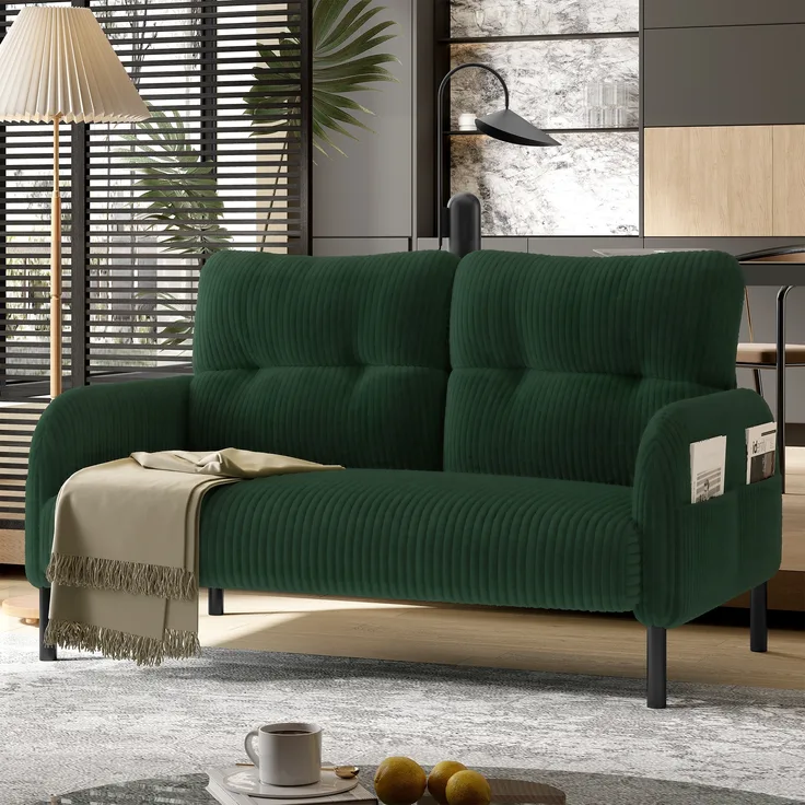LVHOM 2-Sitzer Sofa mit Metallsockel, Doppelsofa Cordstoff mit Seitentaschen, Polstersofa Stoffsofa Sitzmöbel Loungesofa, 120x79x75cm