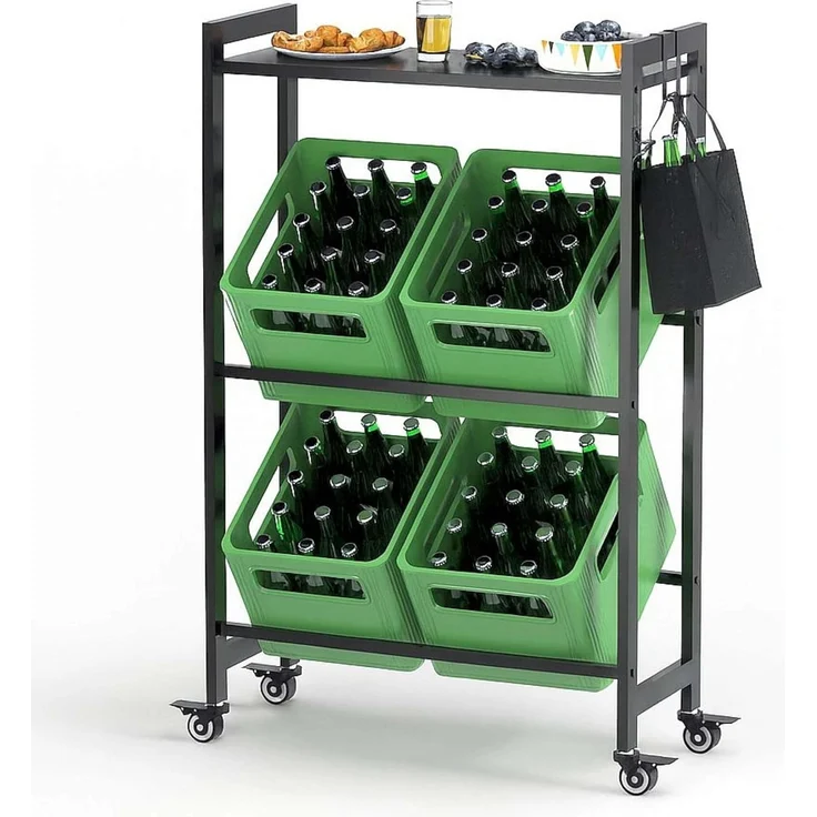 DanDiBo Getränkekistenregal 4 Kisten mit Ablagefläche Rollen Haken Metall Schwarz 96651 Getränkeregal Kistenregal Getränke Regal – Bild 1
