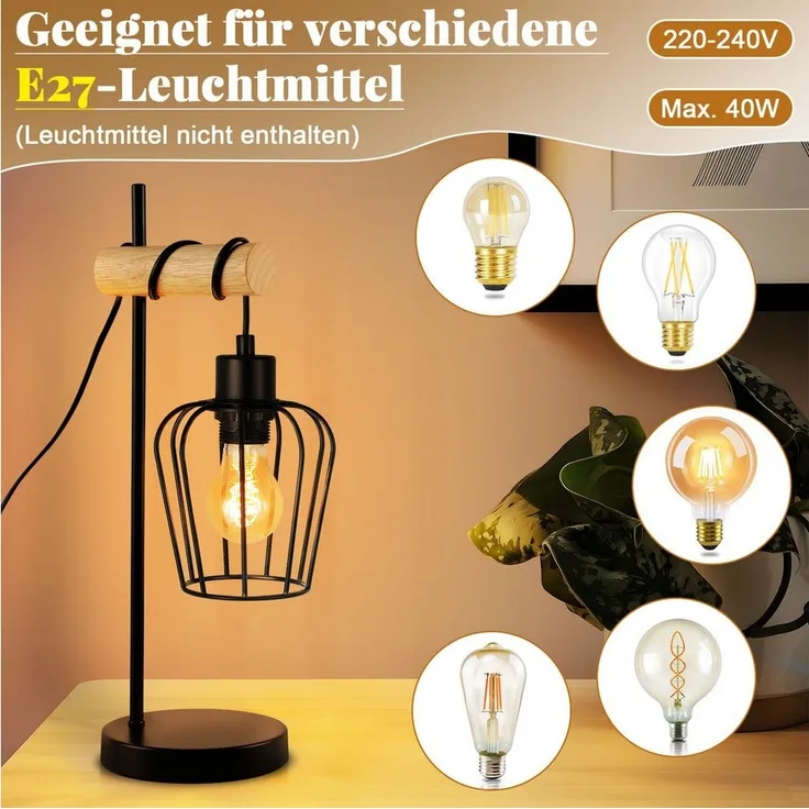 Nettlife Tischleuchte Holz Vintage E27 Tischlampe Wohnzimmer Nachttischlampe Schwarz, LED wechselbar, Geeignet für Schlafzimmer, Wohnzimmer, Esszimmer, Arbeitszimmer, Büro