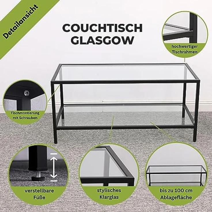 Mein-Regal Couchtisch Glasgow aus Metall mit Glasoberfläche und Ablagefach Schwarz – Bild 4