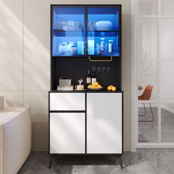 U-life Hochschrank, fürs Wohnzimmer, Vitrine, Anrichte, Sideboard, Esszimmerschrank, MDF, Schwarz – Bild 6