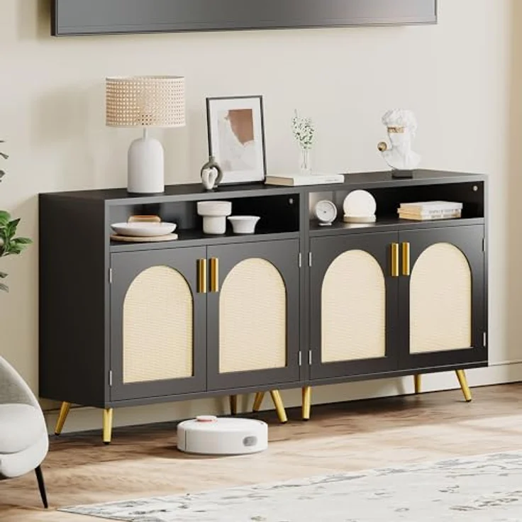 YITAHOME Sideboard mit Rattandekor, Aufbewahrungsschrank, Buffet-Schrank für Esszimmer, Schlafzimmer, Wohnzimmer als Medieneinheit, Küchenschrank-Aufbewahrung, Flur-Konsole, B80 cm × T35 cm × H75 cm – Bild 9