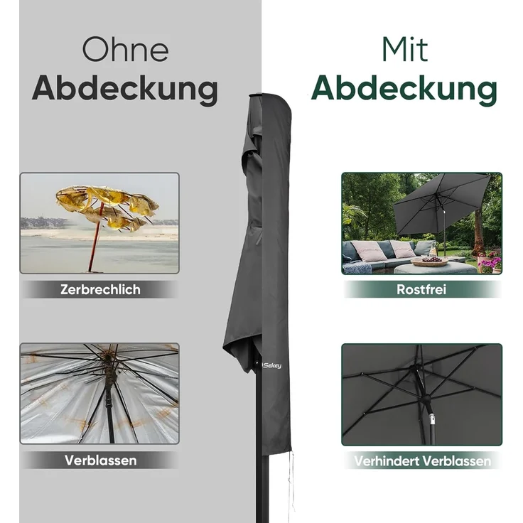 Sekey Premium Schutzhülle für 300 cm Sonnenschirm | Mit Montagestab & Reißverschluss (175×30,5/36,5 cm) – Wasserdicht, UV 50+ – Bild 4
