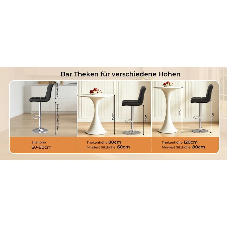 Botifly 2er Set Barhocker Schwarz Kunstleder Höhenverstellbar 60-80cm 360° Drehbar mit Fußstütze, SGS Zertifiziert für Küche Bar – Bild 9
