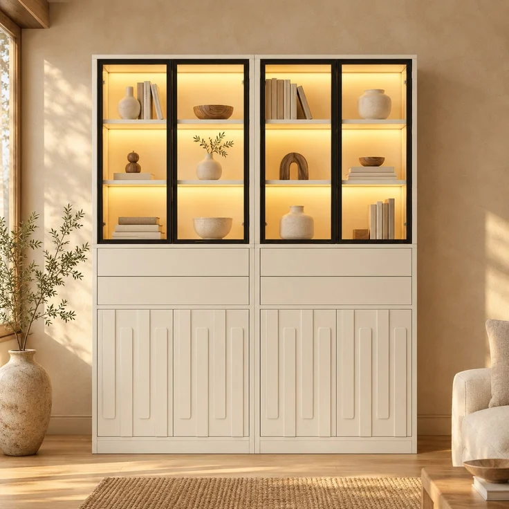 Vitrinen-Set 140 x 34 x 180 cm in Weiß mit Glastüren, Schubladen und LED-Beleuchtung – Bild 1