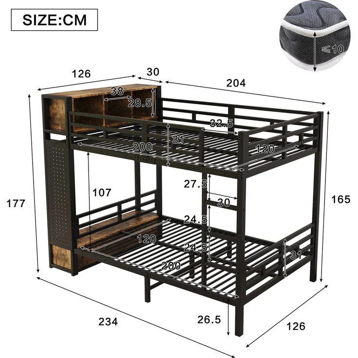 EINHOM Schwarzes Metall-Etagenbett 120 x 200 cm mit Stauraum, Kleiderstange, Schublade, Lochwand und Offenen Ablagefächern, Stockbett mit Multifunktionalem Aufbewahrungssystem (Ohne Matratze) – Bild 2