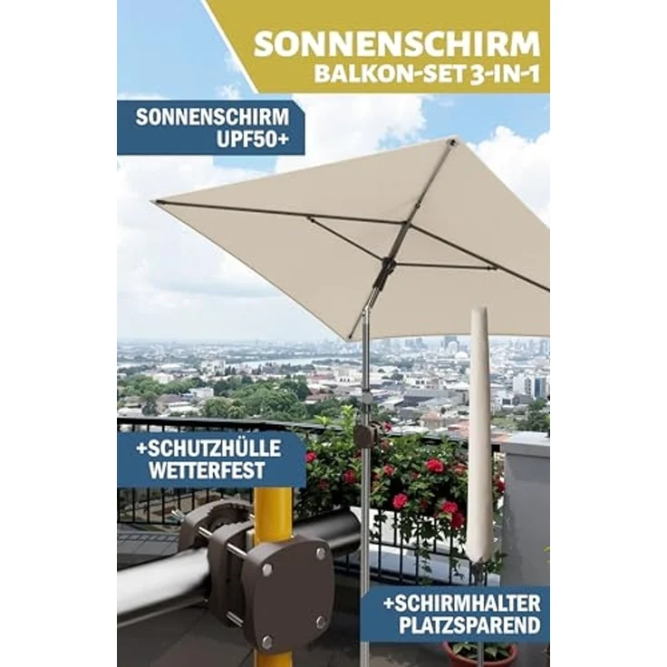 Menz Sonnenschirm Balkon - 3-IN-1 Sonnenschutz Balkon SET in Beige, UPF 50+ Sonnenschirm rechteckig 200x125 cm + kompakter Sonnenschirmhalter Balkongeländer + Sonnenschirmhülle – Bild 3