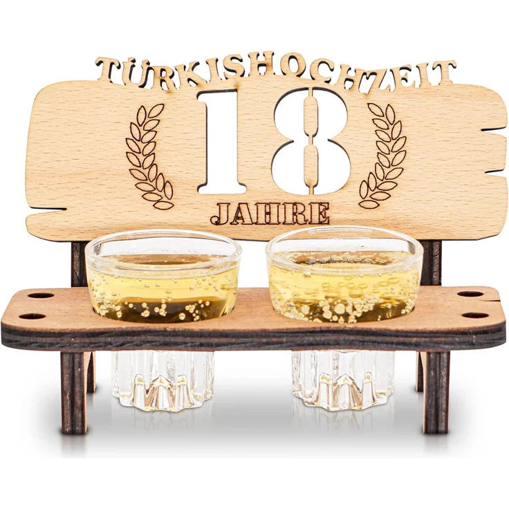 DARO Design - Schnapsbank 18. Hochzeitstag Türkishochzeit Geschenk Deko für Paare Männer Frauen aus Holz mit Gläsern