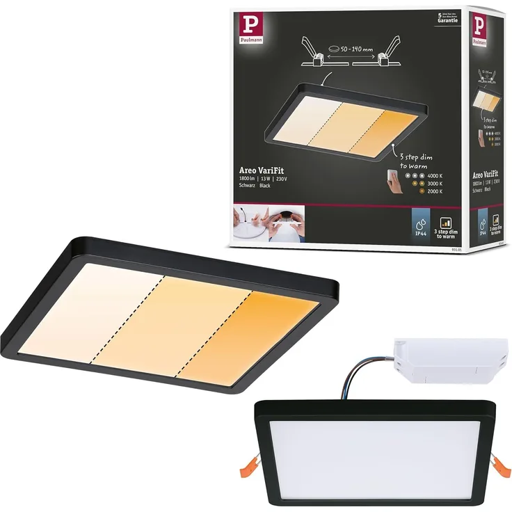 Paulmann 93101 LED Einbaupanel Areo VariFit IP44 eckig 175mm schwarz Dim to warm