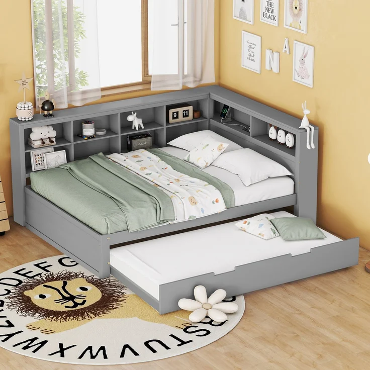 Massivholz Doppelbett 140×200 mit Ausziehbett 90×190, USB-Ladestation & Stauraum, multifunktionales Schlafsofa,Grau – Bild 2
