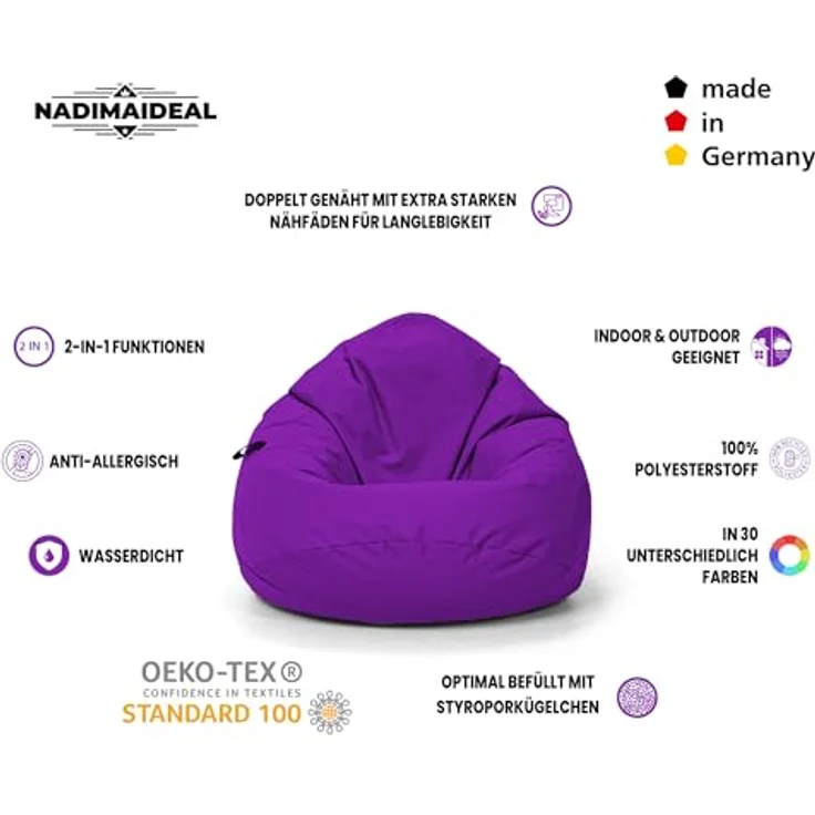 Nadimaideal Sitzsack Tropfenform Kastanie | Bodenkissen für Kinder & Erwachsene | Indoor & Outdoor | Gaming Sitzsack - Sitzkissen - Beanbag | Füllung EPS Perlen (Lila, XXL-Durchmesser 88 cm) – Bild 4