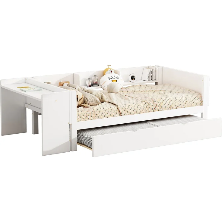 Multifunktionales Kinderbett 90x200 cm mit ausziehbarem Rollbett, Schreibtisch und Regalen, robustes Holz – Bild 5