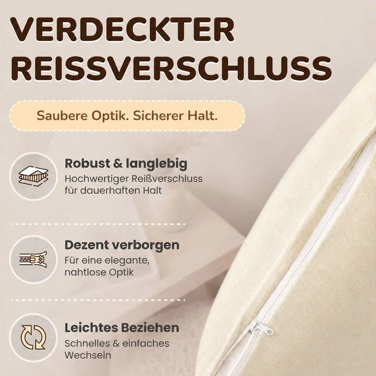 leevitex® Kissenbezüge Kissenbezug 40 x 40 cm, 2er Set, Creme/Naturweiß, (2 Stück), feine Jersey-Qualität, 100% Baumwolle, robuster Reißverschluss – Bild 4