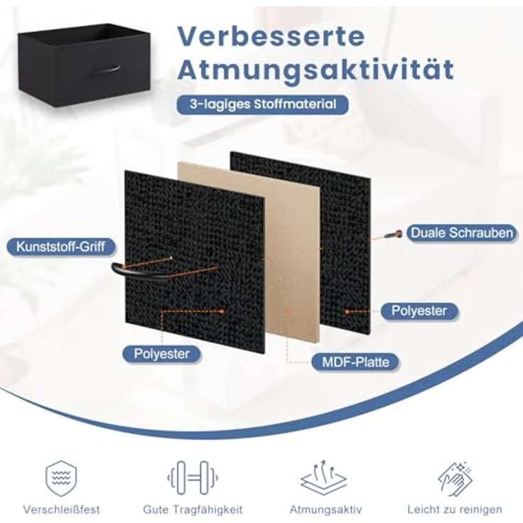 DUMOS Kommode mit Schubladen - Kommoden & Sideboards für Schlafzimmer Geeignet, Komodenschrank mit 4 Schubladen, Stoffkommode mit Stabilem Stahlrahmen, Ideal für Schlafzimmer, Wohnzimmer (Schwarz) – Bild 5