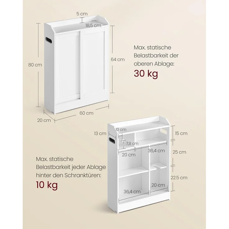 Vasagle Badezimmerschrank, Badschrank platzsparend, Toilettenrollenhalter, Toilettenbürstenhalter, Schiebetüren, verstellbare Einlegeböden, neben der Toilette, 20 x 60 x 80 cm, wolkenweiß BBC752W01 – Bild 3