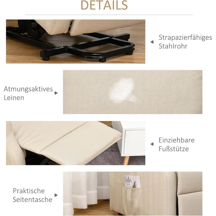 HOMCOM Aufstehsessel, Polyester, Cremeweiß, 74L x 94B x 111H cm – Bild 4