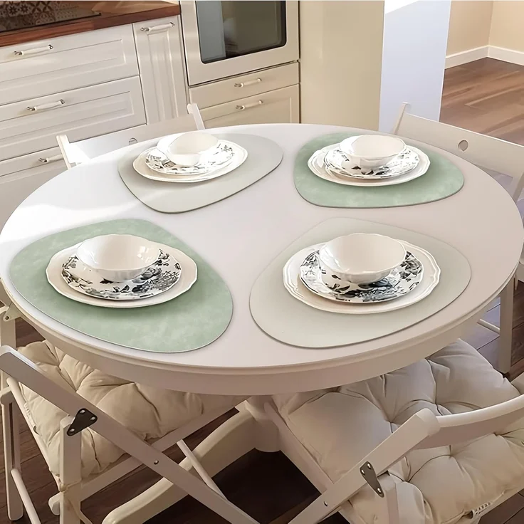 ABC 6-teiliges Set runder Tischsets aus PVC-Leder, doppelseitig, wasserdicht, abwaschbar, rutschfest, hitzebeständig, grün und elfenbein – Bild 5