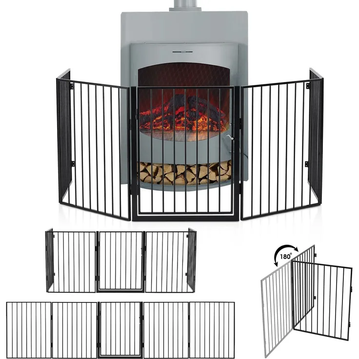 Juskys Metall Kaminschutzgitter 300 x 76 cm klappbar – Schutzgitter für Tiere – 5 Elemente inkl. Tür – Laufgitter Absperrgitter Tiergitter
