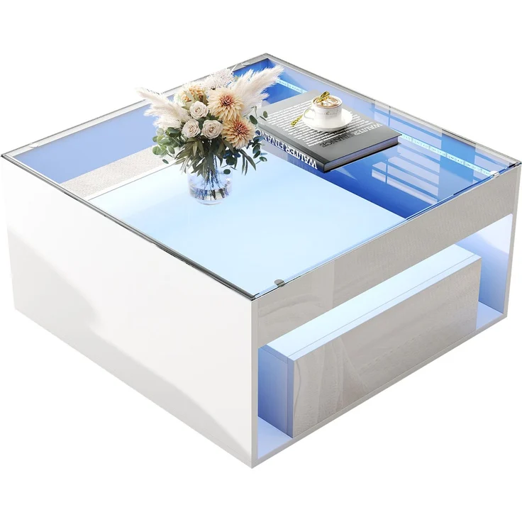 Couchtisch 70x70x35 cm in Weiß mit LED, Schubladen und Glasplatte – Bild 6