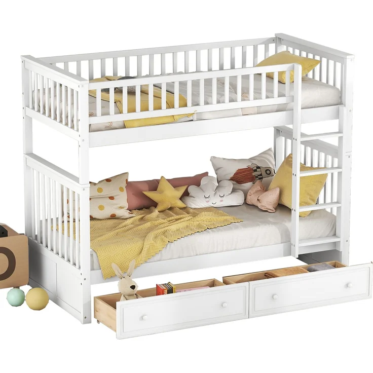 Etagenbett mit 2 Schubladen, stapelbares Hochbett umwandelbar in 2 Einzelbetten, platzsparendes Doppelbett für Kinder & Jugendliche,Weiß – Bild 6