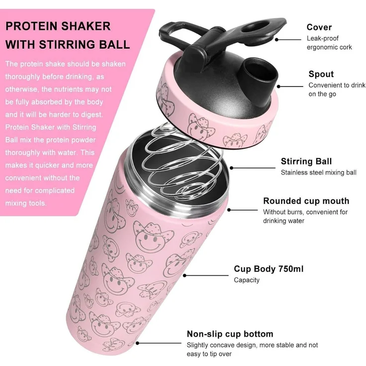 750ml Edelstahl Protein Shaker mit Kugel, Eiweiß Bottle rosa – Bild 5