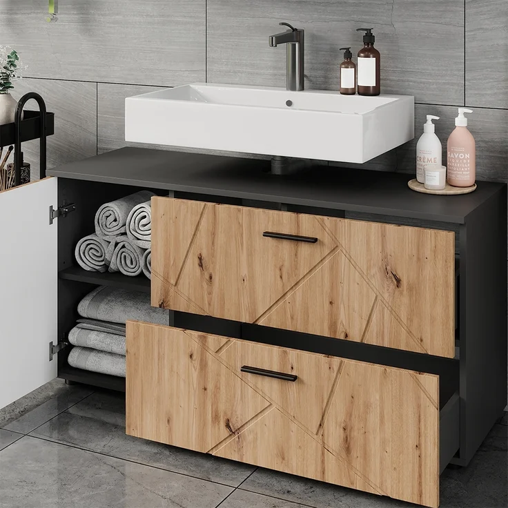 Waschbeckenunterschrank Irma Anthrazit/Artisan 120.1 x 60.6 cm mit 2 Schubladen und 1 Tür Vicco – Bild 4
