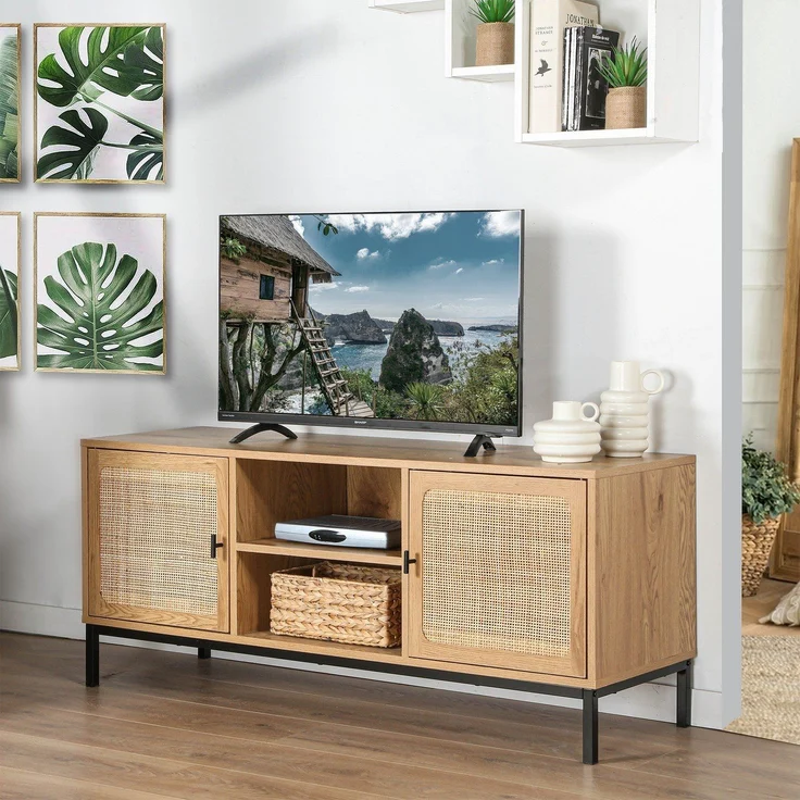 Casâme TV-Möbel mit 2 Türen, Rattangeflecht und 2 Ablagen - L120cm - Helles Holz – Bild 6