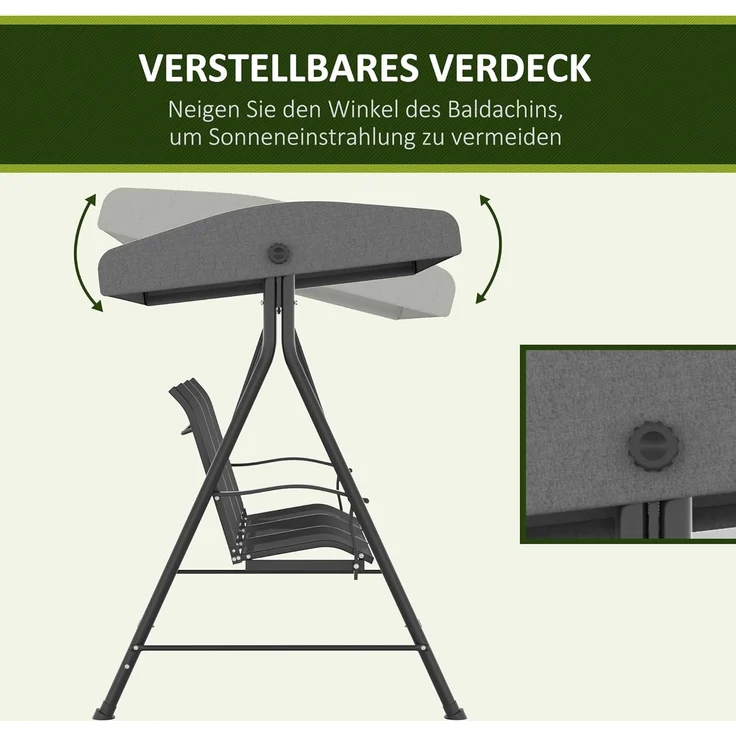 Outsunny Hollywoodschaukel Gartenschaukel mit Verstellbarem Dach, mit Armlehne, 3-Sitzer, Verstellbares Dach, Relaxstuhl, 1 tlg, Schaukelstuhl, für Garten, Balkon, Dunkelgrau – Bild 4
