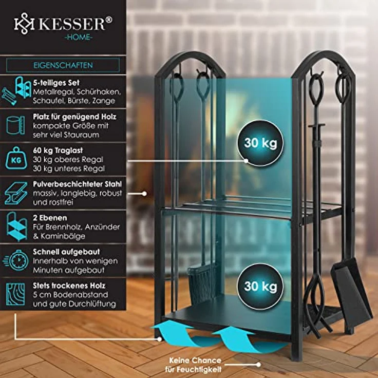 KESSER® Kaminholzregal 5-teiliges Set Kaminholzständer Feuerholzablage Brennholzregal Innen und Aussen Metall 2 Ebenen mit 4 Kaminwerkzeug für Kamin & Ofen, Stahl 40 x 30 x 74,5 cm Verstellbare Schwarz – Bild 3