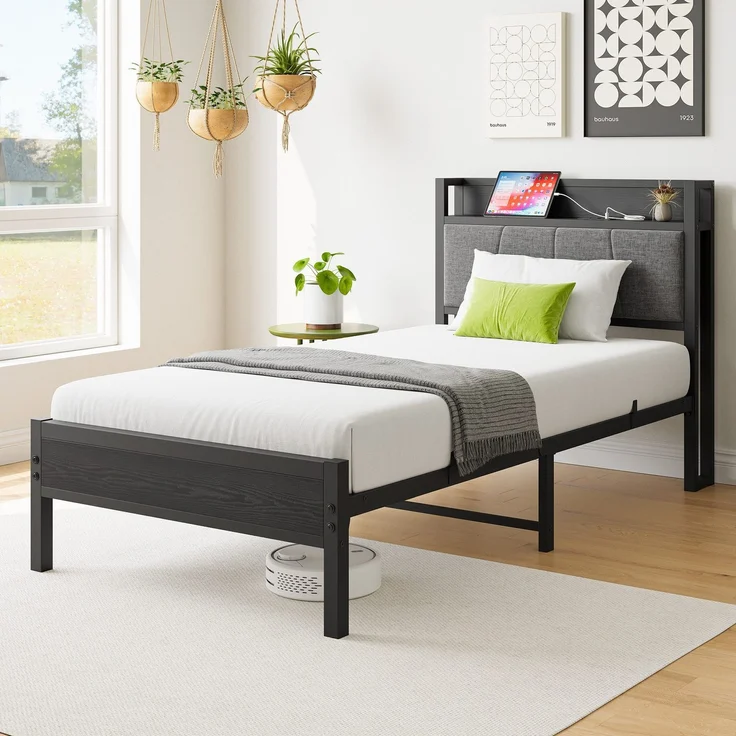 Einzelbett aus Metall mit USB-Anschlüssen & Stauraum-Kopfteil, ohne Matratze, 90x200 cm, Schwarz – Bild 2