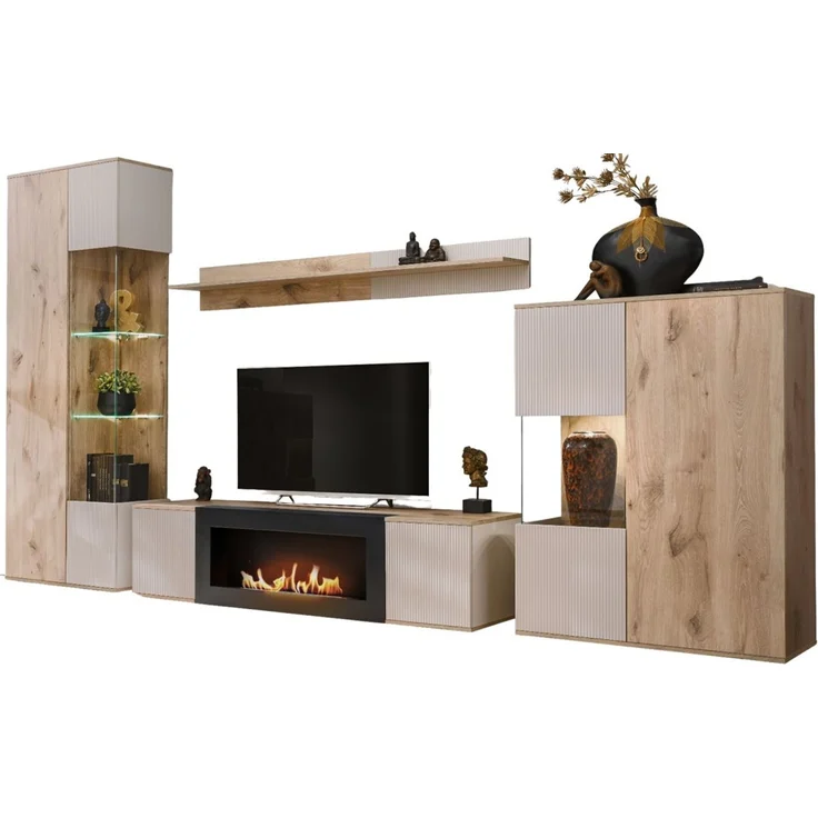 Wohnwand Cathlyn in Viking Eiche und Kaschmir mit Kamin 350 cm – Bild 6