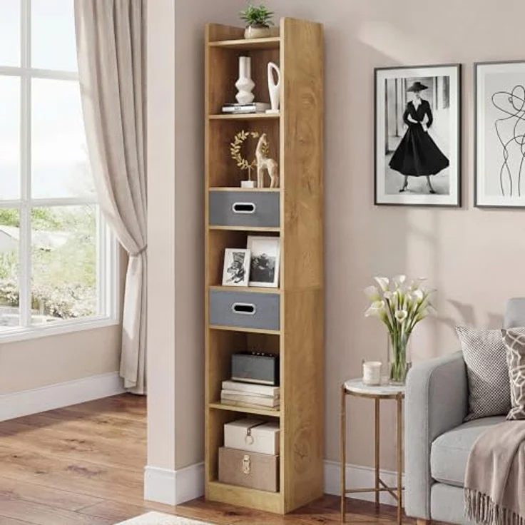 YITAHOME Hohes, schmales Bücherregal, schlankes Eckregal mit 5 Ebenen und 2 Stoffschubladen, freistehendes Regal für Wohnzimmer, Schlafzimmer, Büro, Eichenfarbe, 30 B × 24 T × 180 H cm – Bild 2