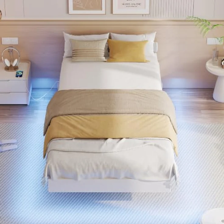 IRONCK Bettgestell 90x200 cm, Schwebender Bett mit LED Beleuchtung, Gepolsterte Seitenwände, 2 AC-Steckdosen, 2 USB-A-Anschluss, 1 USB-C-Anschluss, Metallbett mit Lattenrost Einzelbett, Weiß – Bild 8