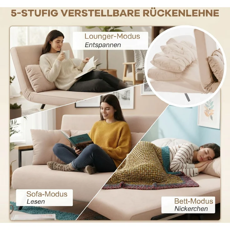 HOMCOM Relaxsessel mit Bettfunktion, Polstersofa mit verstellbarer Rückenlehne, Gästebett, Beige Samt, 102 x 73 x 81 cm – Bild 5