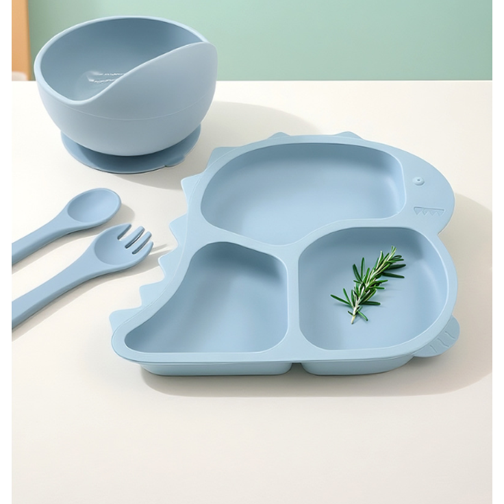 ABC Kindergeschirr-Set mit Dinosaurier-Motiv, Schüssel aus lebensmittelechtem Silikon, Babygeschirr für die Beikostvorbereitung, mit Fächern - dunkelrosa – Bild 2